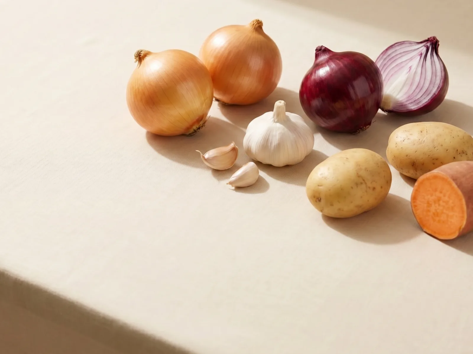 Egyptian root and bulb vegetables for export — yellow onions, red onions, garlic and potatoes in mesh export bags from Egypt