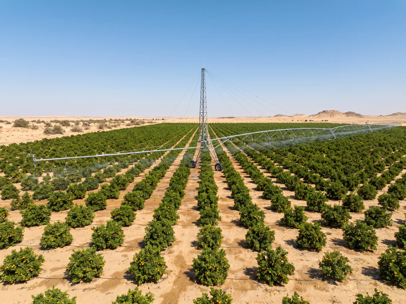 Modern Egyptian pivot-irrigated mandarin orchard — geometric grid of trees, central pivot tower, sandy-ochre desert at the edges