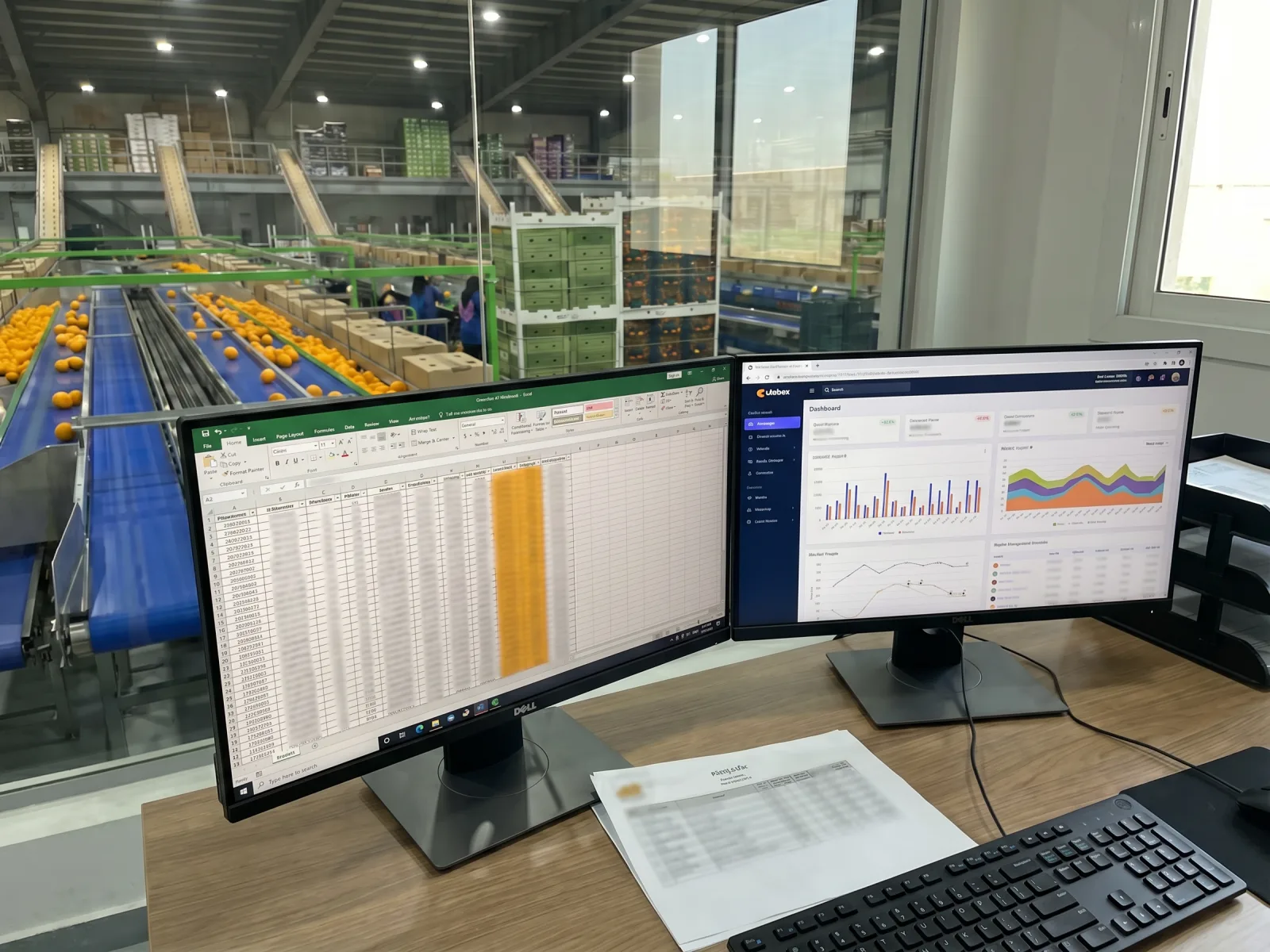 AFRICAFRESH EXPORT operations desk — dual-monitor shipping spreadsheet and pricing dashboard, packing list, sample tray on a side bench